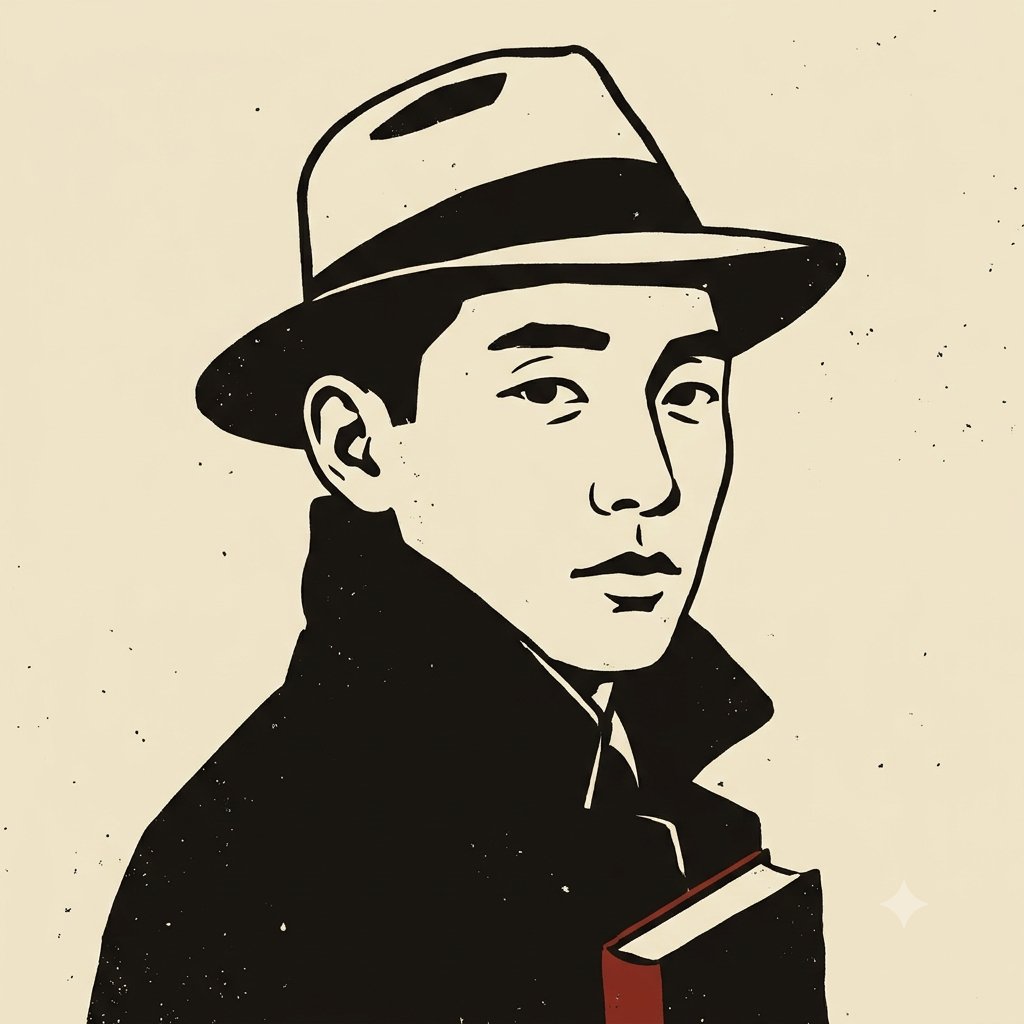 중절모에 코트를 입고 책을 든 박인환 시인 일러스트